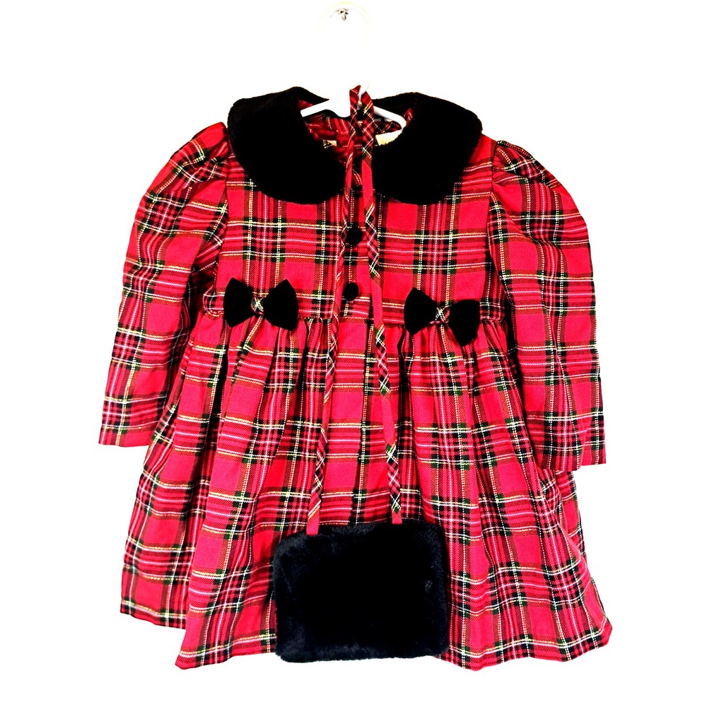 Expressions Plaid Dress Coat Set Girls 2T Red Excellent Christmas 3pc Muffler